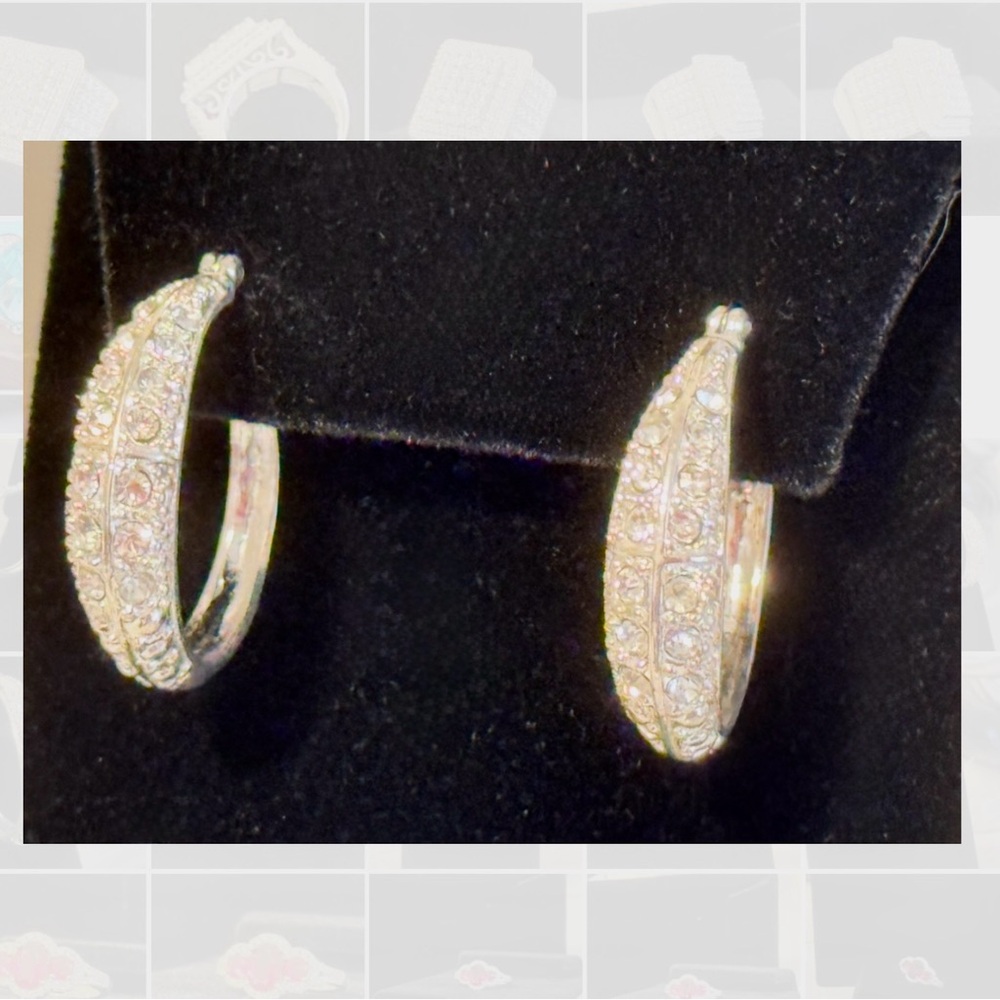 Silver and Rhinestone Pave Hoop Earrings - Picture 6 of 8